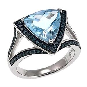 Stunning Blue Topaz & Diamond Ring Sterling Silver Size 6!